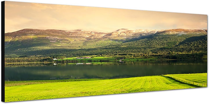 Paul Sinus Art Panoramabild auf Leinwand und Keilrahmen 150x50cm Norwegen Landschaft Berge See Wiese