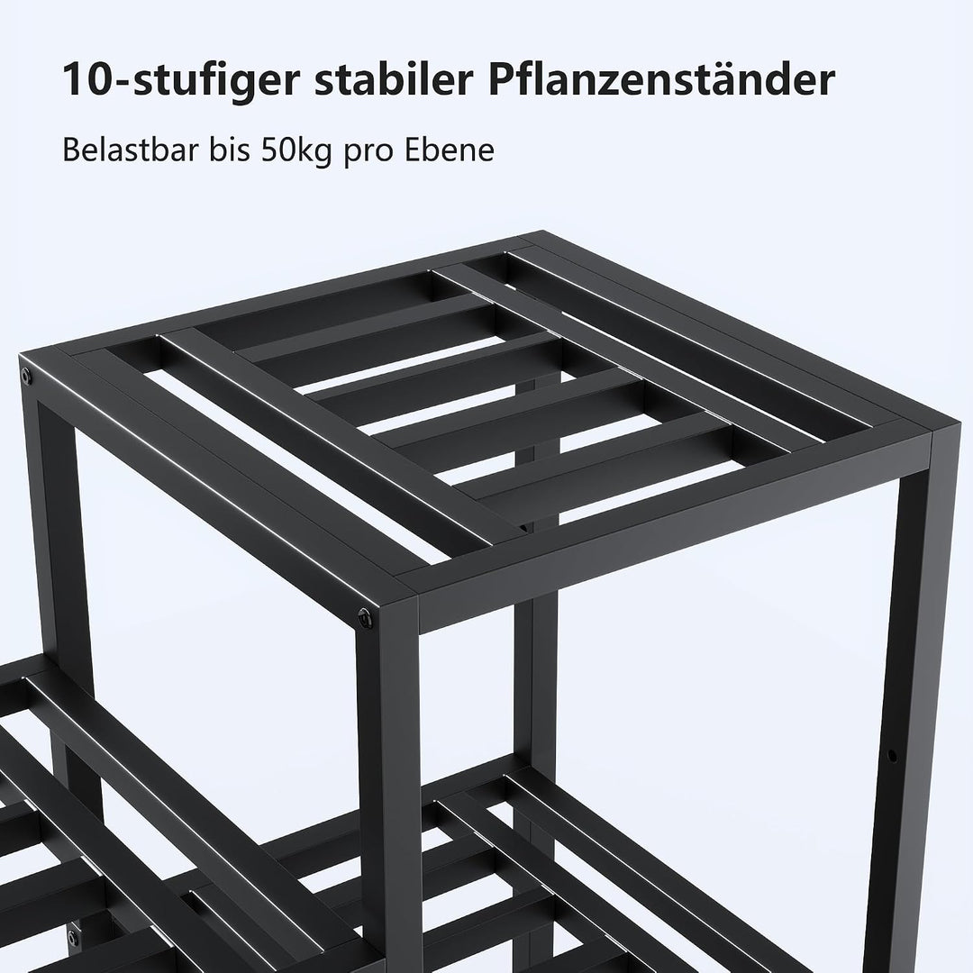 Pflanzenständer Indoor Outdoor,10 Etagen Metall Blumenständer,127 cm hoch rostfest Blumenhocker,schw