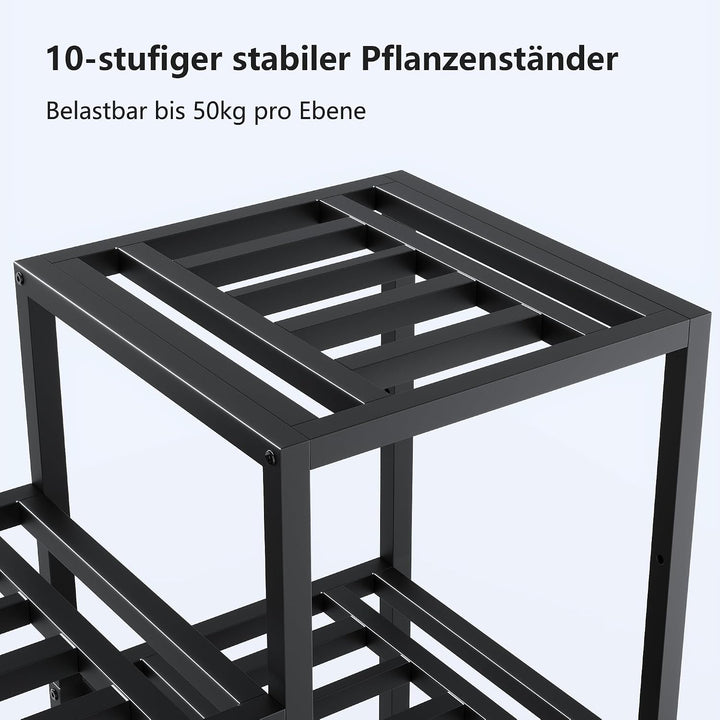 Pflanzenständer Indoor Outdoor,10 Etagen Metall Blumenständer,127 cm hoch rostfest Blumenhocker,schw