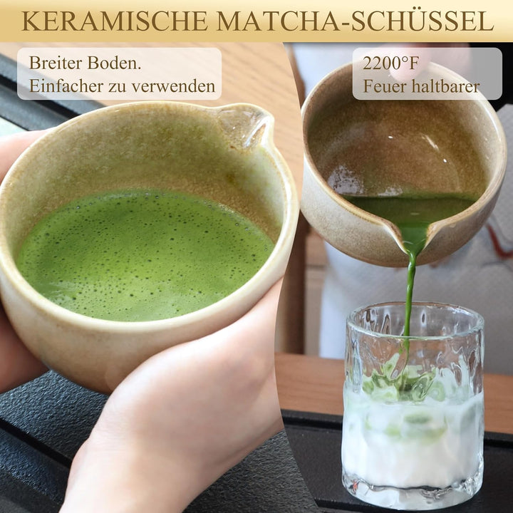 Matcha Set Handgedrehtes Macha Tea Set mit Bambus Matcha Besen, Keramik Matcha Schale, Löffel und Ha