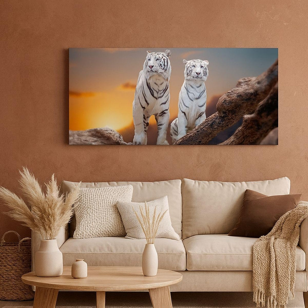 Panorama Bilder auf Leinwand 100x40cm Leinwandbild Tiger weiss Rock Sonnenuntergang Gross Wanddeko B