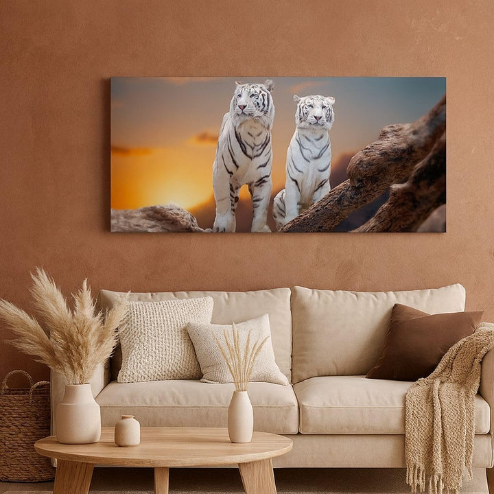 Panorama Bilder auf Leinwand 100x40cm Leinwandbild Tiger weiss Rock Sonnenuntergang Gross Wanddeko B