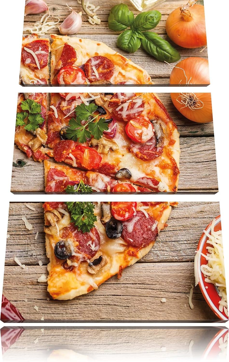 Pixxprint Pizza Italia auf Holztisch als Leinwandbild/Grösse: 3 Teilig (120x80) cm/Wandbild/Kunstdru