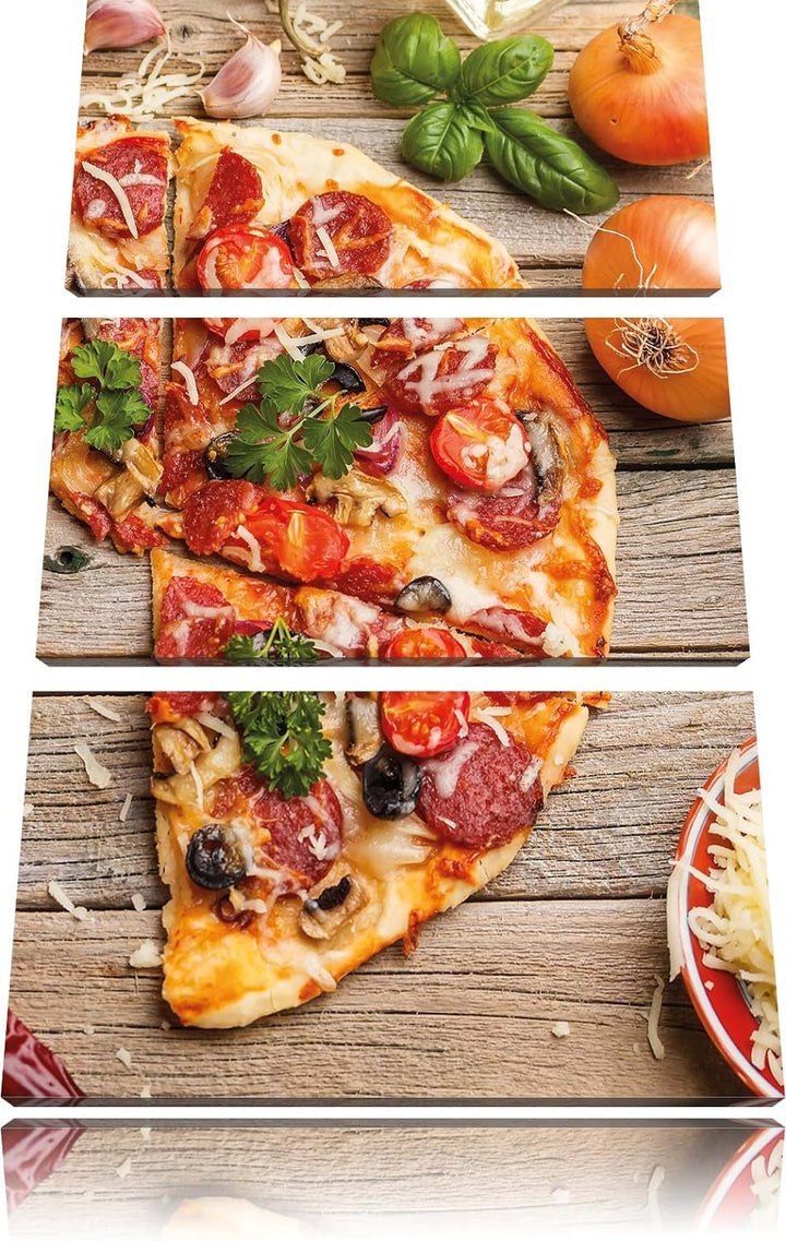 Pixxprint Pizza Italia auf Holztisch als Leinwandbild/Grösse: 3 Teilig (120x80) cm/Wandbild/Kunstdru