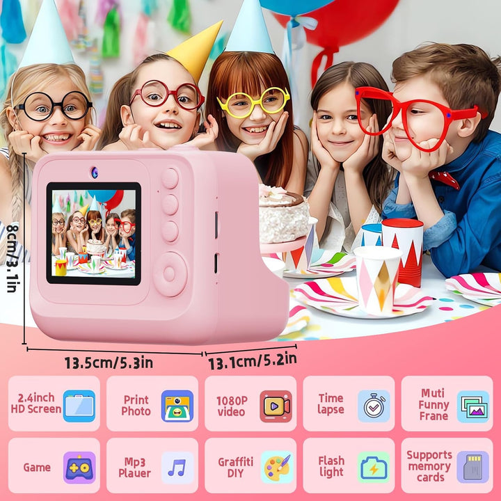 Kinderkamera Sofortbildkamera, 2,4 Zoll Bildschirm 1080P HD Kinderkamera, mit 32GB Karte und 3 Rolle
