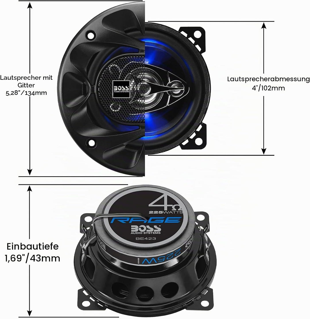 BOSS Audio Systems BE423 225 Watt (pro Paar), 4 Zoll, Full Range, 3-Wege-Lautsprecher (Paar) 10.2 cm