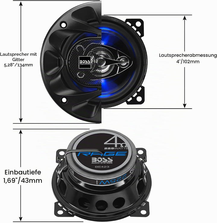 BOSS Audio Systems BE423 225 Watt (pro Paar), 4 Zoll, Full Range, 3-Wege-Lautsprecher (Paar) 10.2 cm