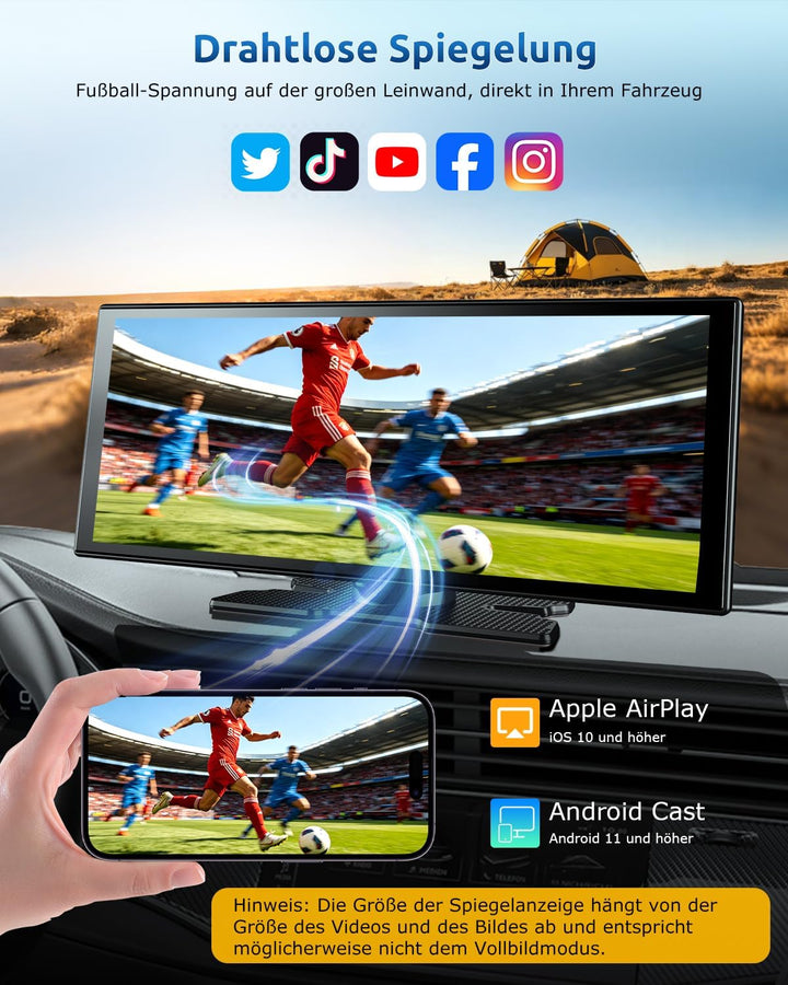 ESSGOO 11 Zoll Kabelloses CarPlay Display mit 4K 360° drehbare Frontkamera 1080P Rückfahrkamera Drah