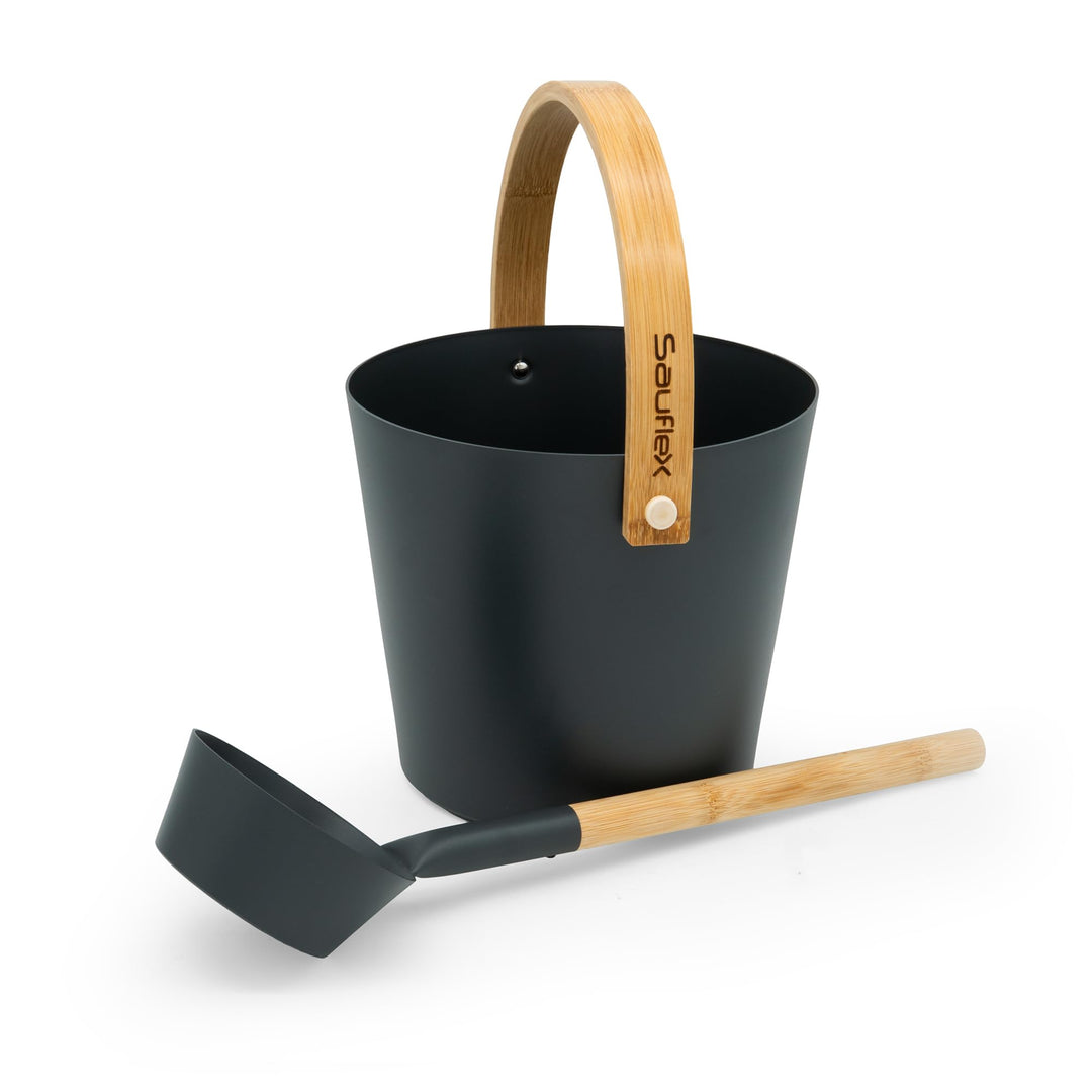 Sauna Zubehör Set: 4L Aluminium Eimer und 42cm Kelle, Bambusgriffe (Anthrazit), Anthrazit