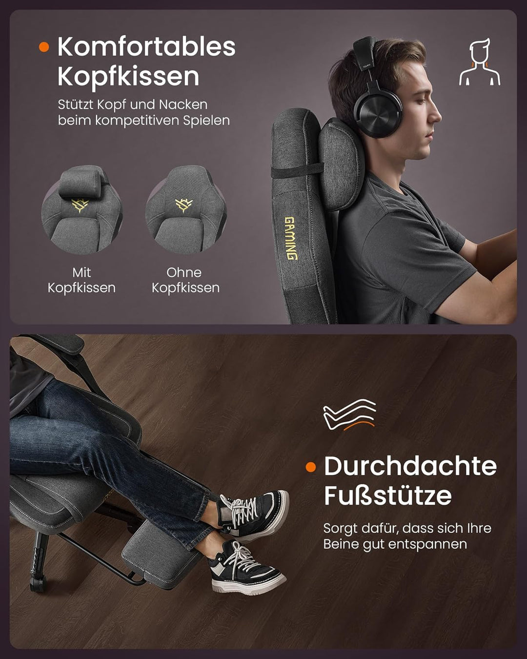SONGMICS HOME Gaming-Stuhl, ergonomischer Computerstuhl mit Fussstütze, Bürostuhl, Drehstuhl mit Kop
