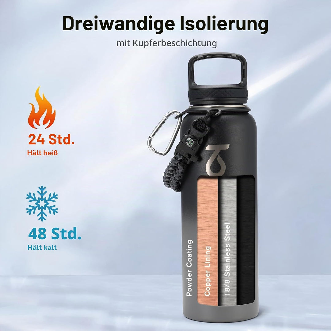 Trebo 1.2 L Edelstahl Trinkflasche Isoliert mit Paracord-Griff &amp; 3 Deckeln | Grosse Metall Wasserfla