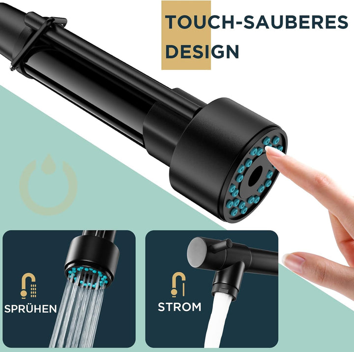 FORIOUS Wasserhahn Küche Schwarz,Edelstahl-Küchenarmatur Spülarmaturen Küche, Zweigriff-Mischbatteri
