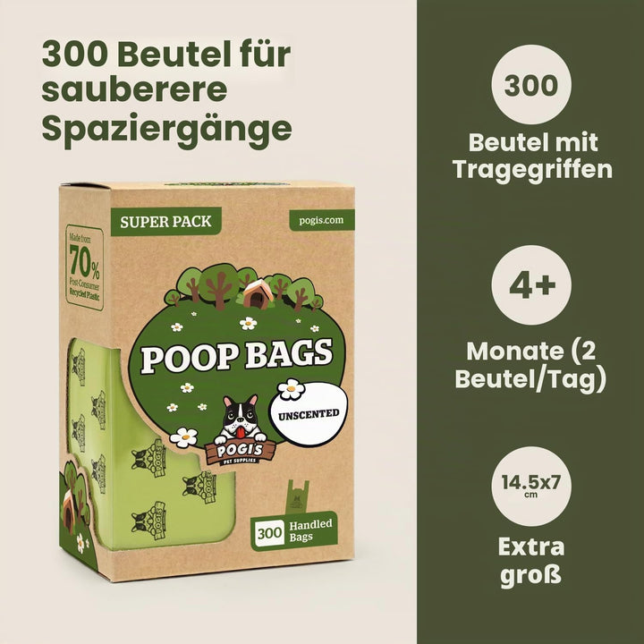Pogi's Hundekotbeutel - 300 unparfümierte Tüten mit Verschlussträgern - grosse, biologisch abbaubare