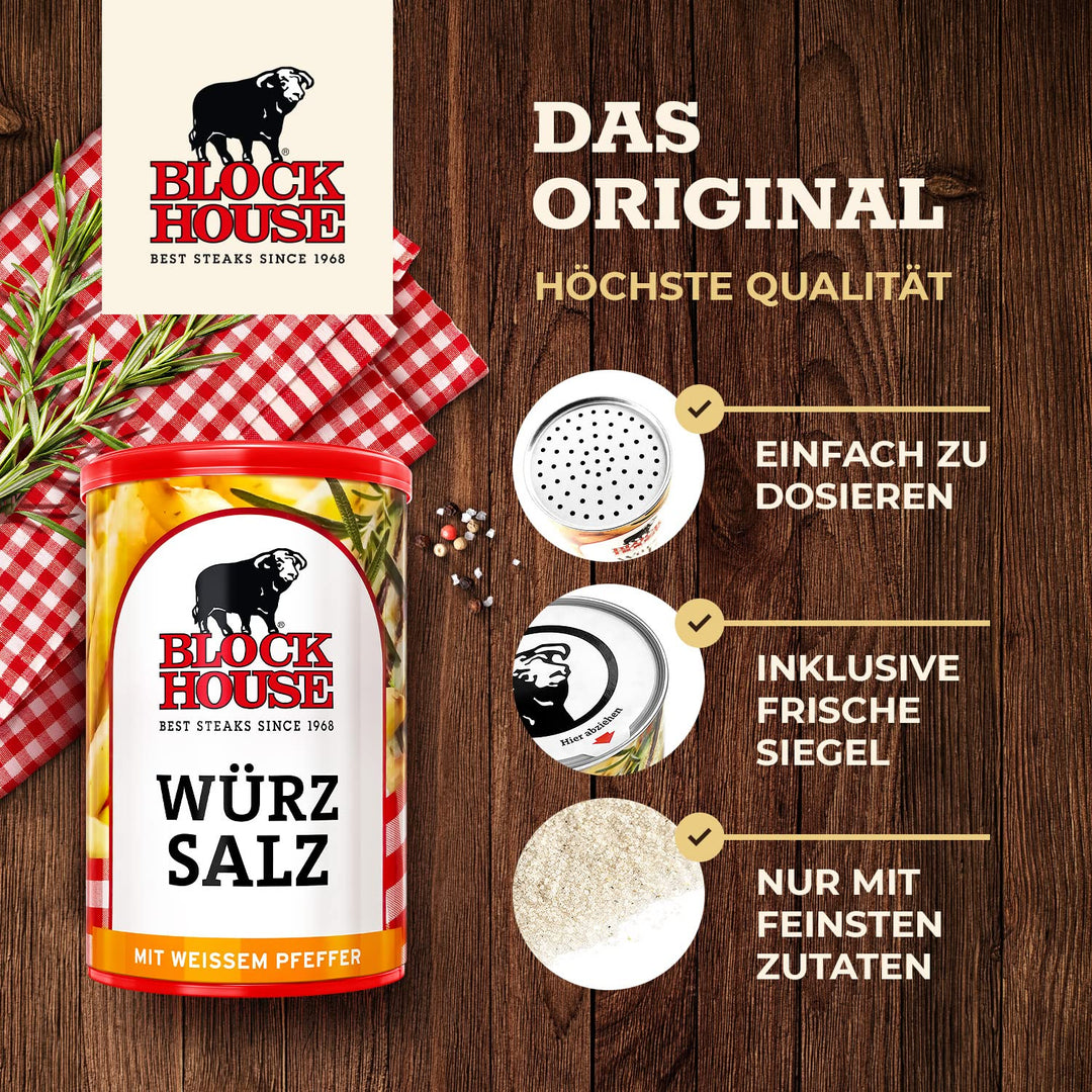 Block House Steak Pfeffer mit schwarzem Pfeffer, Würzsalz mit weissem Pfeffer, Knoblauchpfeffer mit
