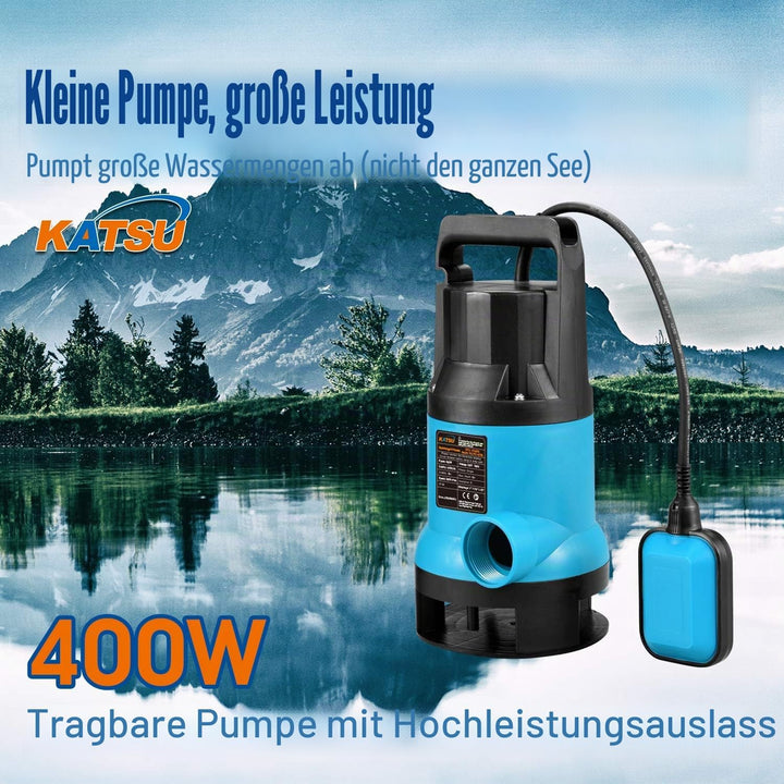KATSU 400W Tragbare Tauchpumpe für sauberes und schmutziges Wasser 8000L/h für Gartenteich, Pools, G