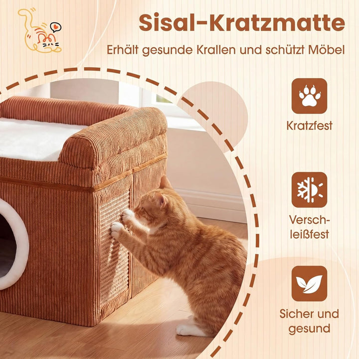 COSTWAY Katzenhaus faltbar, Katzenhöhle mit Sisal-Kratzmatte, weiches Kissen, erhöhten Kanten &amp; Ruts