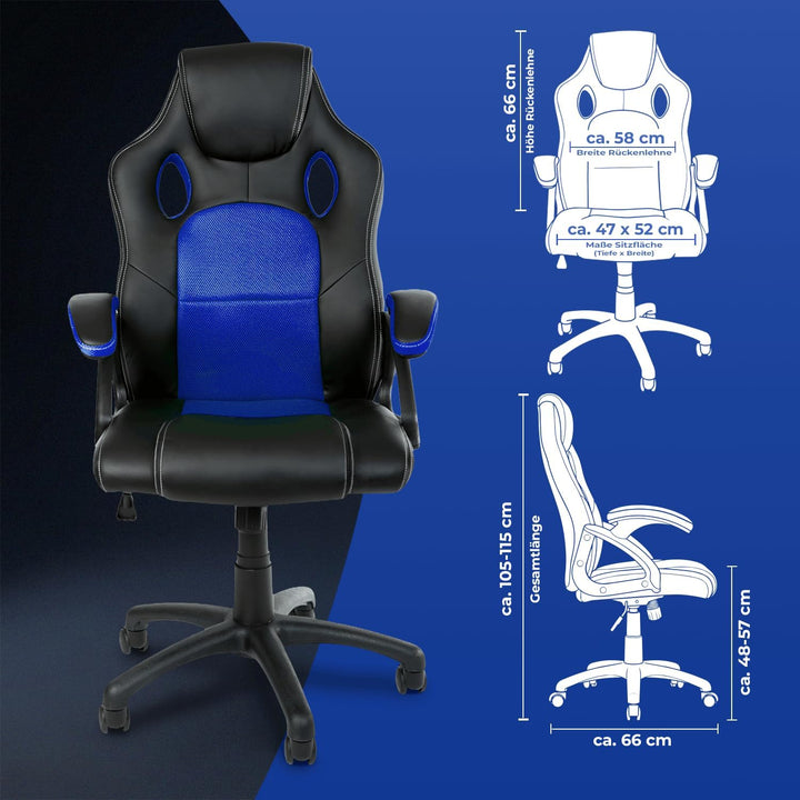 Gamer Stuhl Gaming Schreibtischstuhl Chefsessel Bürostuhl Ergonomisch, Blau, 9 Farbvarianten, gepols