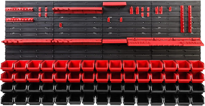 Lagersystem Werkstattregal | 156 x 78 cm | 60 stck. Box | Wandregal mit Werkzeughalterungen und Stap