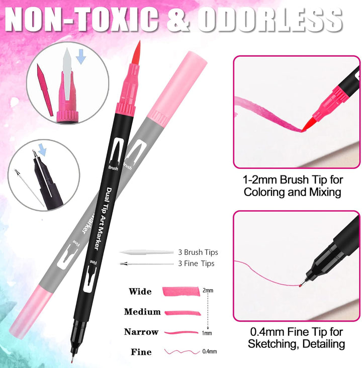 wonsar Dual Brush Pen Set, 72 Farben Filzstifte Dicke und Dünne für Kinder Pinselstifte Marker für B