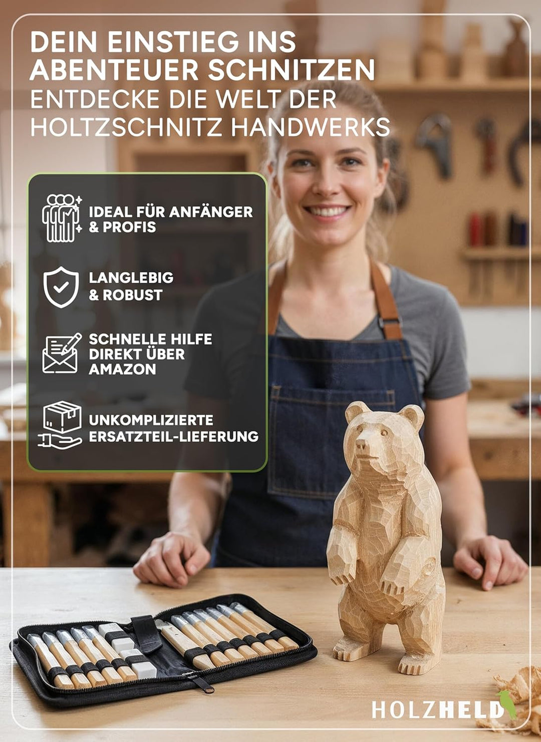 HOLZHELD Holzschnitzwerkzeug Set (14-teilig) mit Anleitung für 1 Schnitzprojekt - 12 Schnitzmesser a