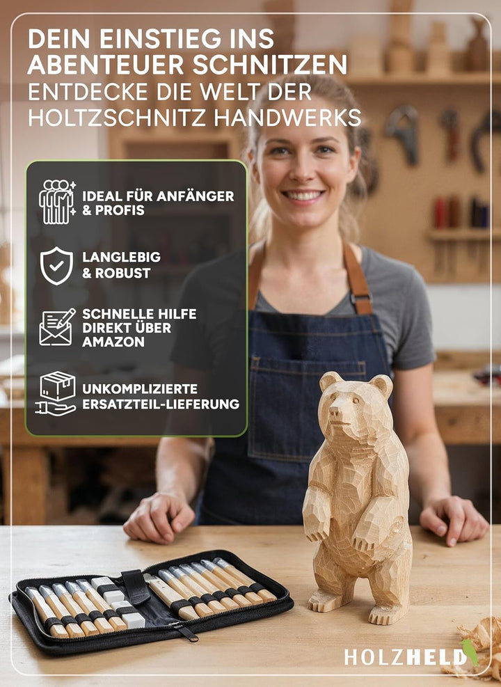 HOLZHELD Holzschnitzwerkzeug Set (14-teilig) mit Anleitung für 1 Schnitzprojekt - 12 Schnitzmesser a