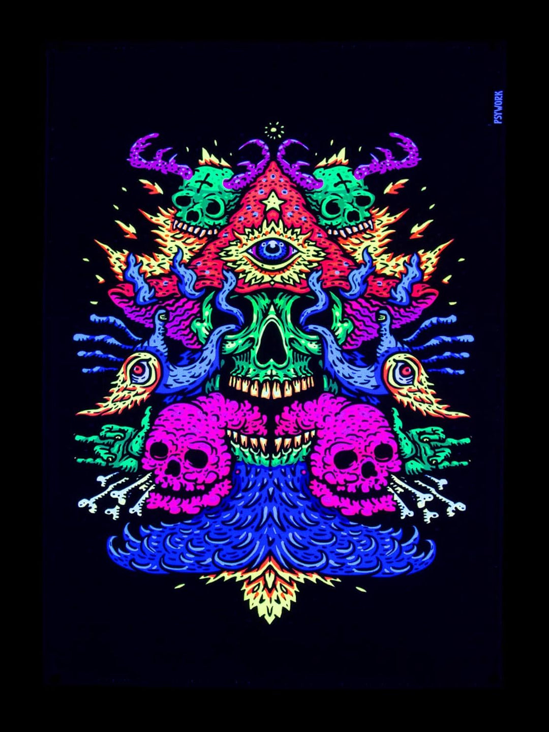 PSYWORK Schwarzlicht Stoffposter Neon | Devil Water Skull | 0,5 x 0,7m | UV-aktiv | fluoreszierend |