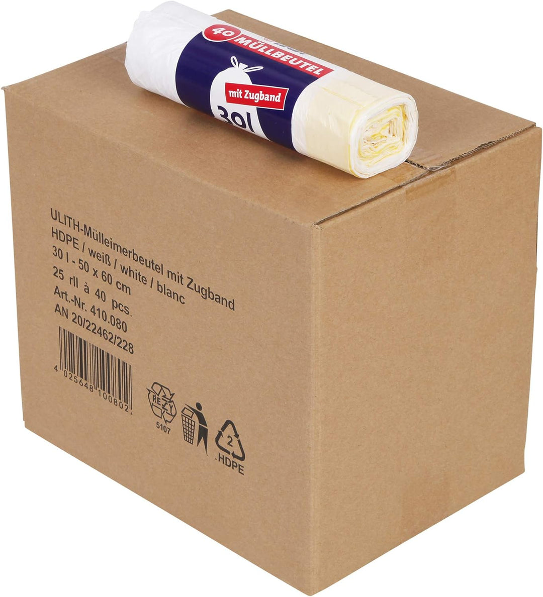 ULITH-Mülleimerbeutel mit praktischem Zugband, weiss, 30l - passend für Haushalt und Büro, 25 Rollen