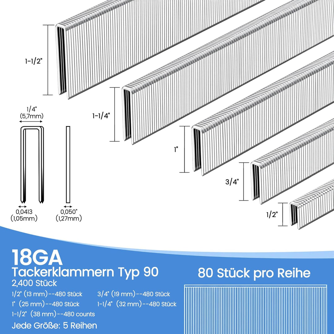 meite 18 Gauge Klammern/5,7 mm, 5 Grössen (16 mm, 19 mm, 25 mm, 32 mm, 38 mm je 480 Stück), Typ 90/1