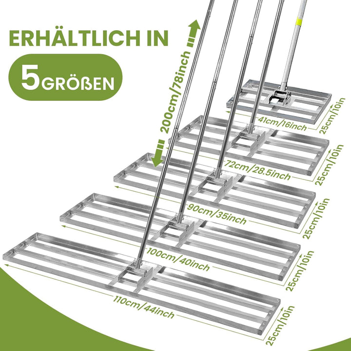 Rasen Rakel Edelstahl 72x25 cm Rakel Rasen nivellierrechen mit 2.15 Meter Verstellbarer Stiel für Ho