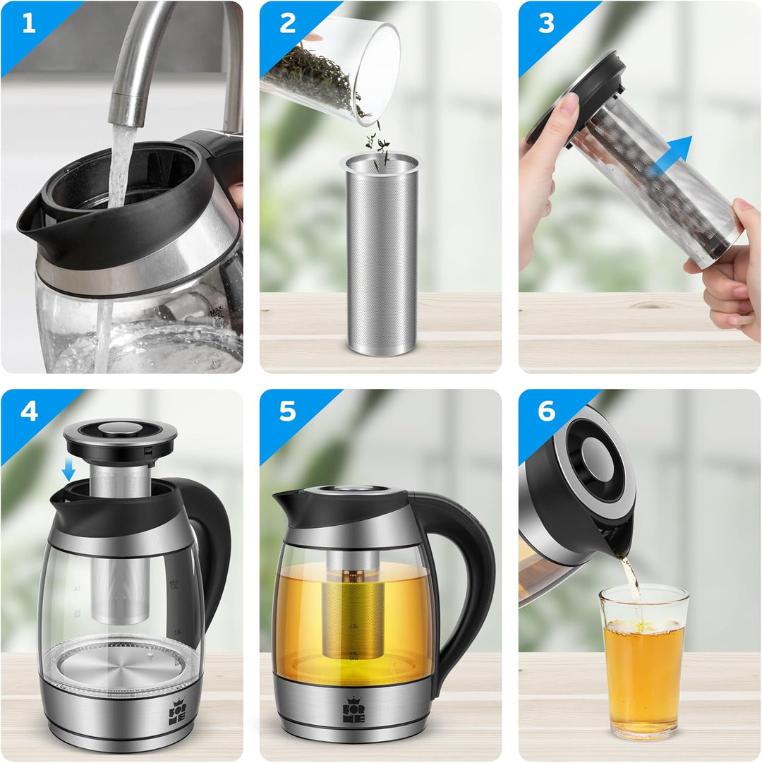 FOR ME Glas Elektrischer Wasserkocher mit Teesieb 1,8L, Temperatureinstellung, Temperaturwahl 40°C b