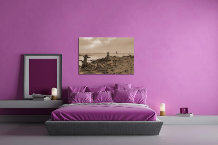 deyoli steiniger Strand in Zypern Effekt: Sepia, Format: 80x60 als Leinwandbild, Motiv fertig gerahm