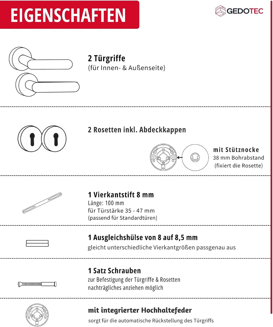 Gedotec Türklinke schwarz | 1 Set Türbeschlag schwarz Türgriffe Zimmertür modern eckige Rosette für