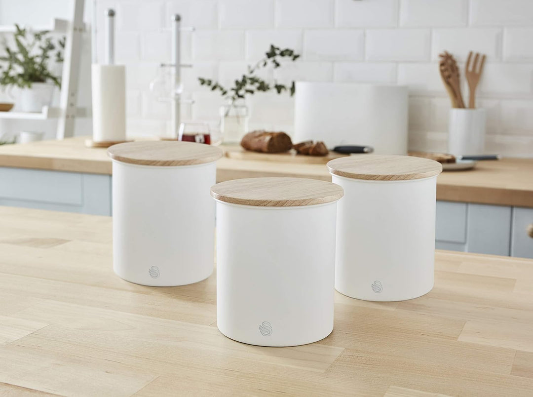 Swan Nordic 3er-Set Küchenvorratsdosen aus Robustem Karbonstahl, Bambusdeckel, Einheitsgrösse, für T