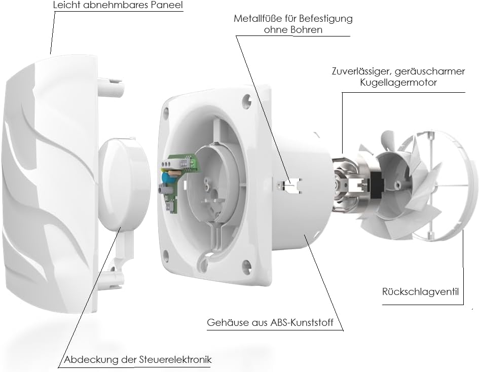 Vlano ALTO Badlüfter, WC Ventilator, Standard, Quick-Fix System, ohne Bohren, 100 mm oder 120 mm, 95