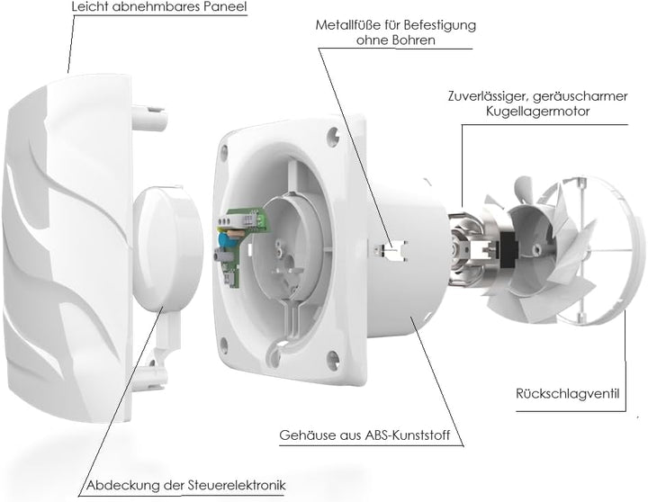 Vlano ALTO Badlüfter, WC Ventilator, Standard, Quick-Fix System, ohne Bohren, 100 mm oder 120 mm, 95