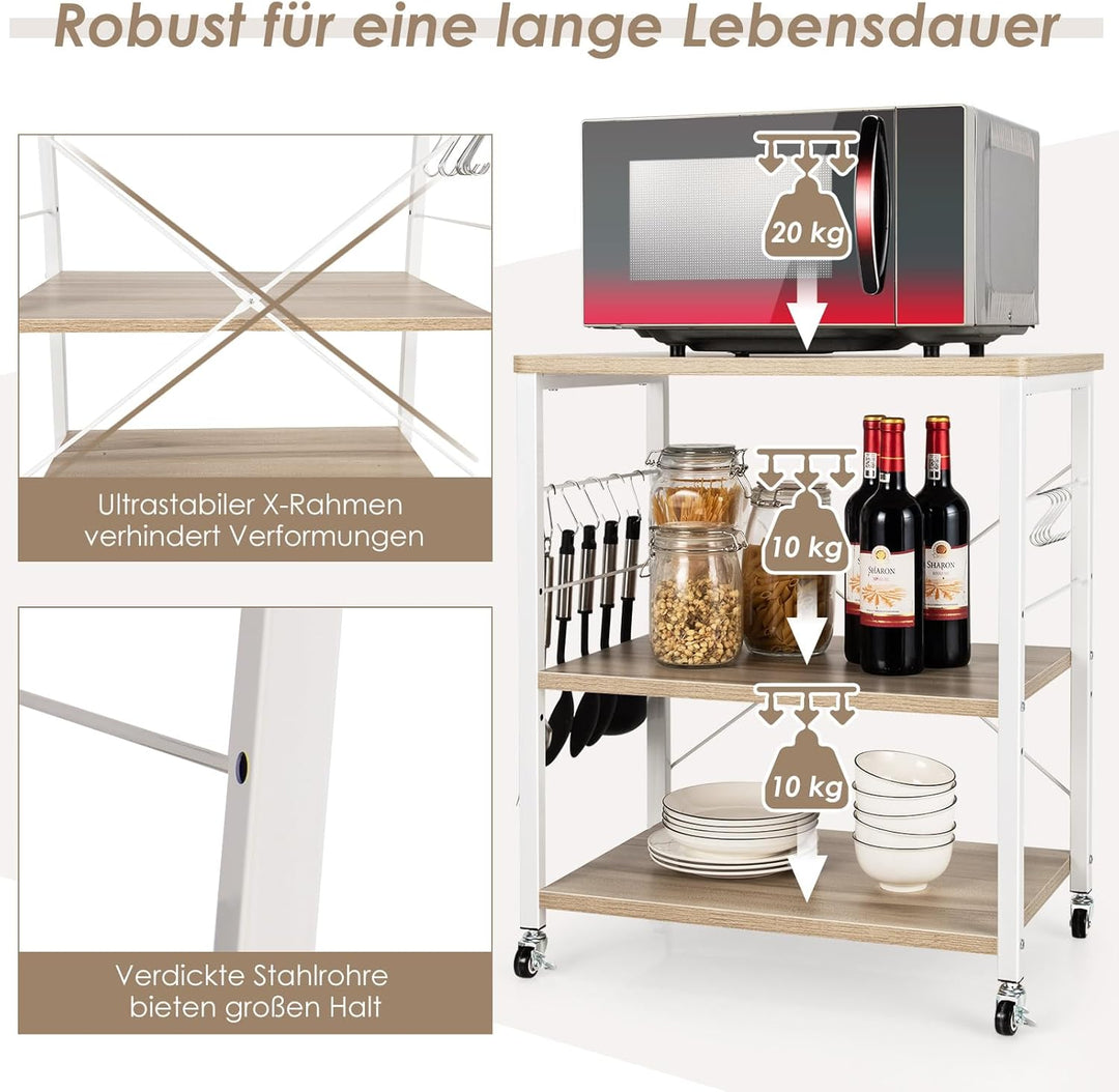 COSTWAY 3 Ebenen Servierwagen, Rollwagen mit Verstellbarer Ablage & 10 abnehmbaren Haken, Küchenwage