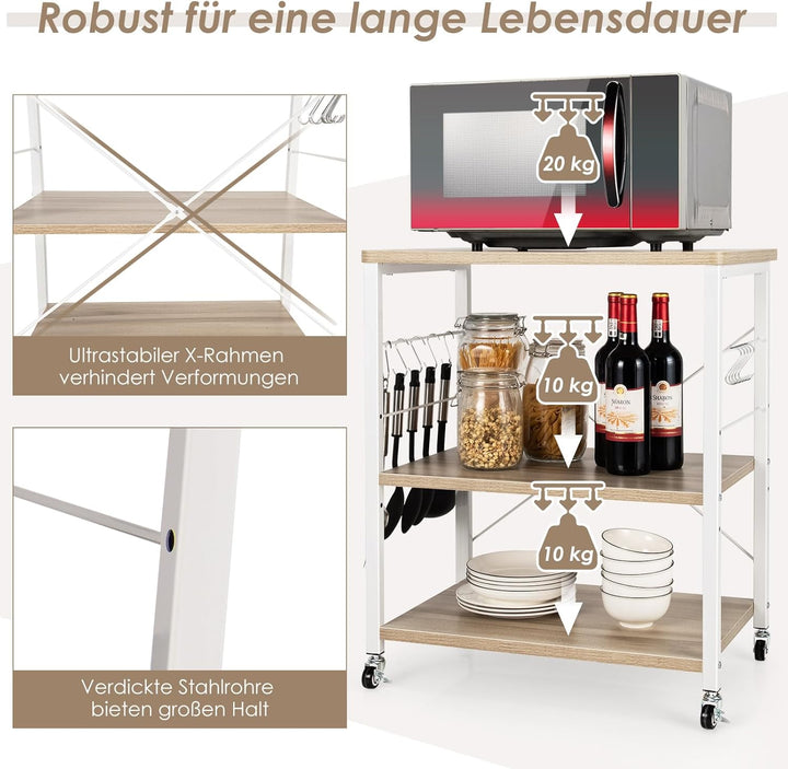COSTWAY 3 Ebenen Servierwagen, Rollwagen mit Verstellbarer Ablage & 10 abnehmbaren Haken, Küchenwage