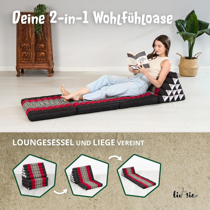 livasia Thaikissen 3 Auflagen extrahoch - 185x55x8cm - Dreieckskissen mit Klappmatratze, Kapok, Jumb