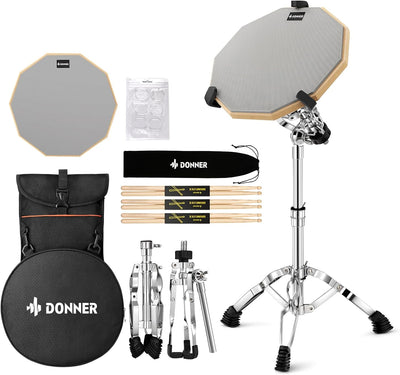 Donner Drum Practice Pad mit Snare Drum Ständer Kit, 3 Paar Drumsticks mit Tasche, Drum Gele silber,