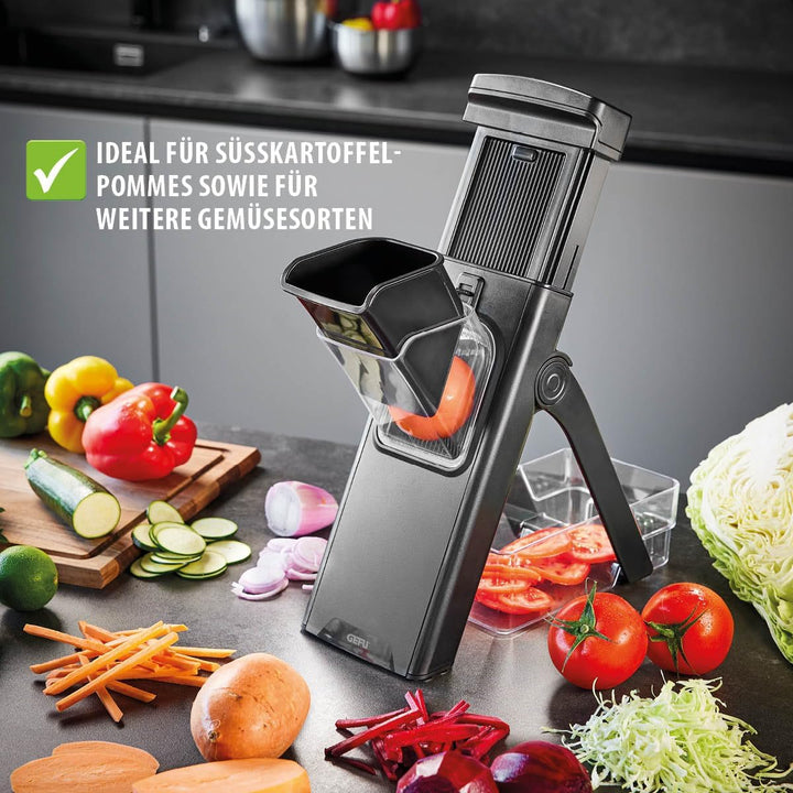 GEFU All-in-One Gemüsehobel | Für Süsskartoffeln, Gemüse & Obst bis Ø 8 cm | Mit Auffangbehälter, ve
