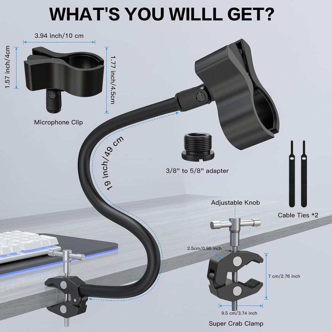 ZealSound Mikrofon Arm, 48cm/19zoll Schwanenhals Arm mit robuster Krabbenklemme für runde Rohre und