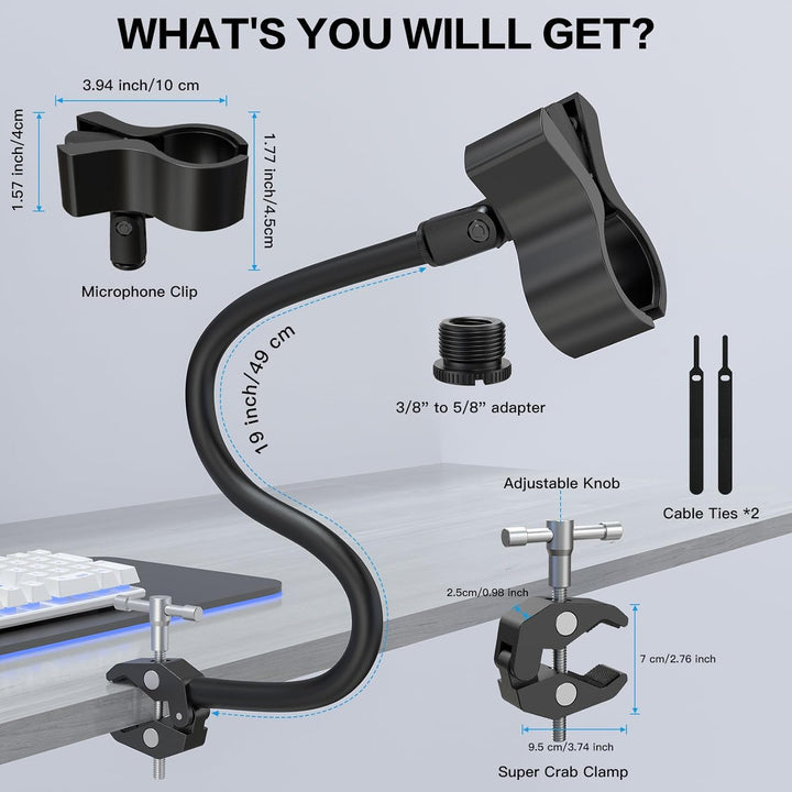 ZealSound Mikrofon Arm, 48cm/19zoll Schwanenhals Arm mit robuster Krabbenklemme für runde Rohre und