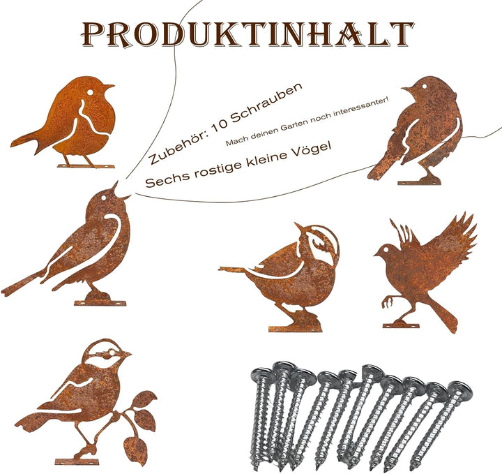 6 Stück Dekorative Vögel, rostige Vögel mit Schrauben, Deko für Garten, Metall, rostig, für Terrasse