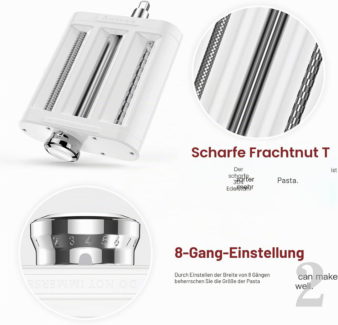 Antree 3-in-1 Roller- und Schneide-Aufsatz-Set für KitchenAid Standmixer, inklusive Nudelblech-Rolle