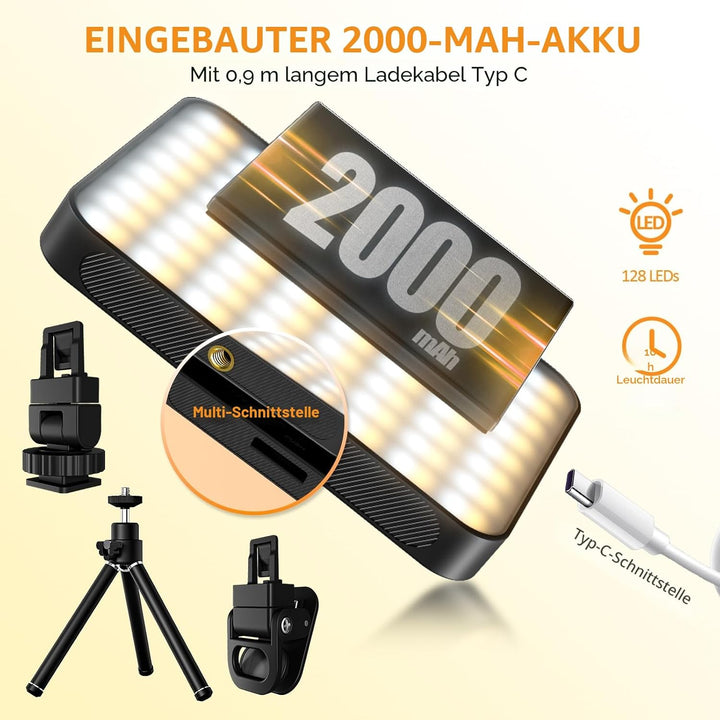 128LED Magnetisches Selfie Licht, 3000K-6500K 3 Lichtmodi Handylicht mit, 2000mAh Akku Videolicht mi