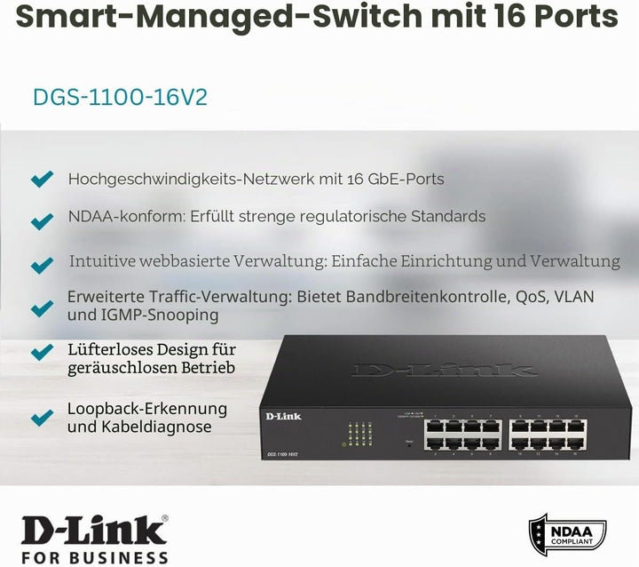 D-Link DGS-1100-16V2 16-Port Gigabit Smart Switch (10/100/1000 Mbit/S, Einfache Plug &amp; PLAY-Installa