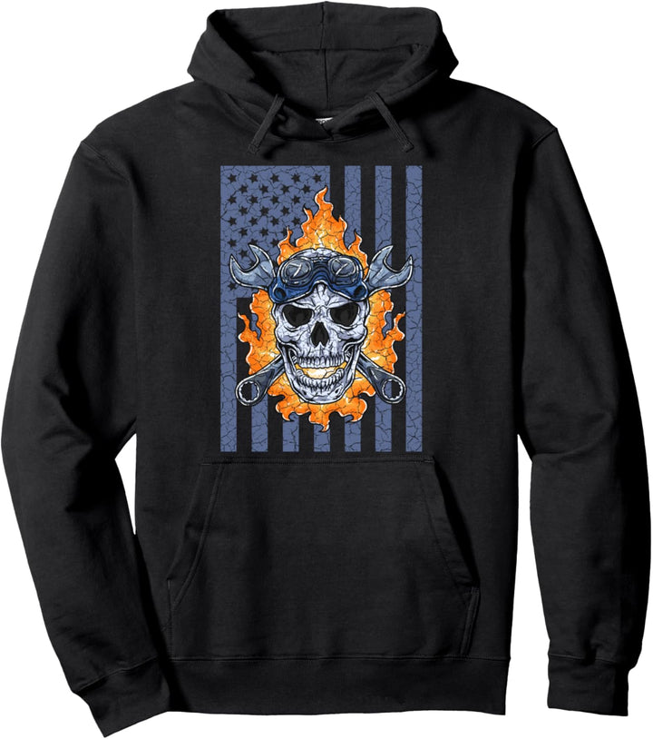 Mechaniker Handwerker Feuer Totenkopf Amerikanische Flagge Pullover Hoodie
