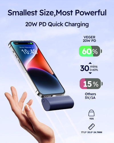 VEGER Power Bank 5000mAh, 20W PD Mini Tragbare Powerbank Externer Akku, Schnelles Aufladen Kabellose