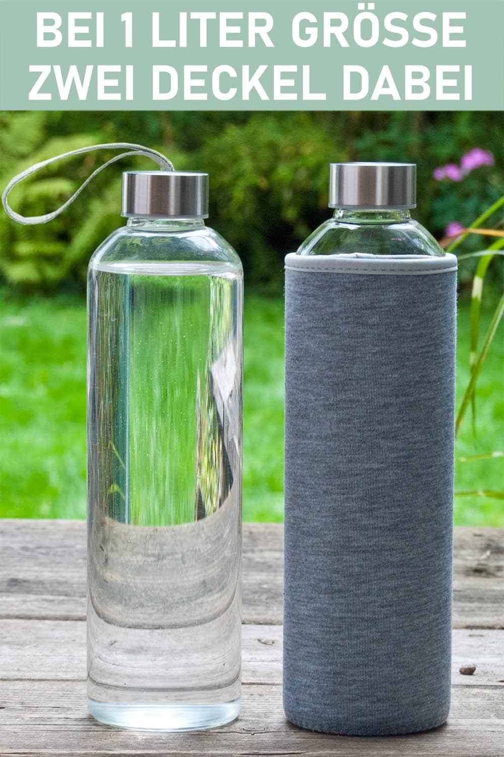 T&N Glasflasche 1 Liter / 750ml / 500ml – Trinkflasche Glas 1l mit Neoprenhülle – Wasserflasche Ausl
