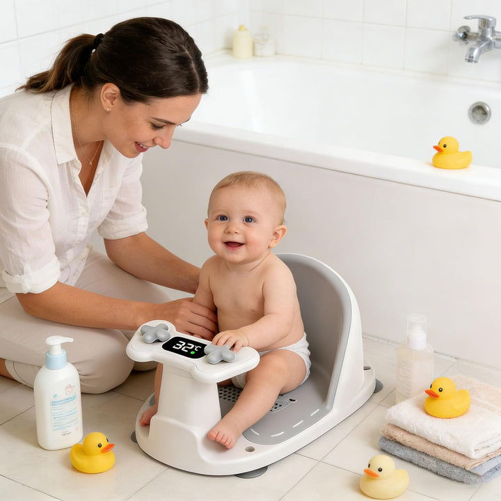 Baby Badesitz mit Temperatursensor Rutschfester Kleinkindbadesitz für Baby Sitting Up mit 4 Saugnäpf